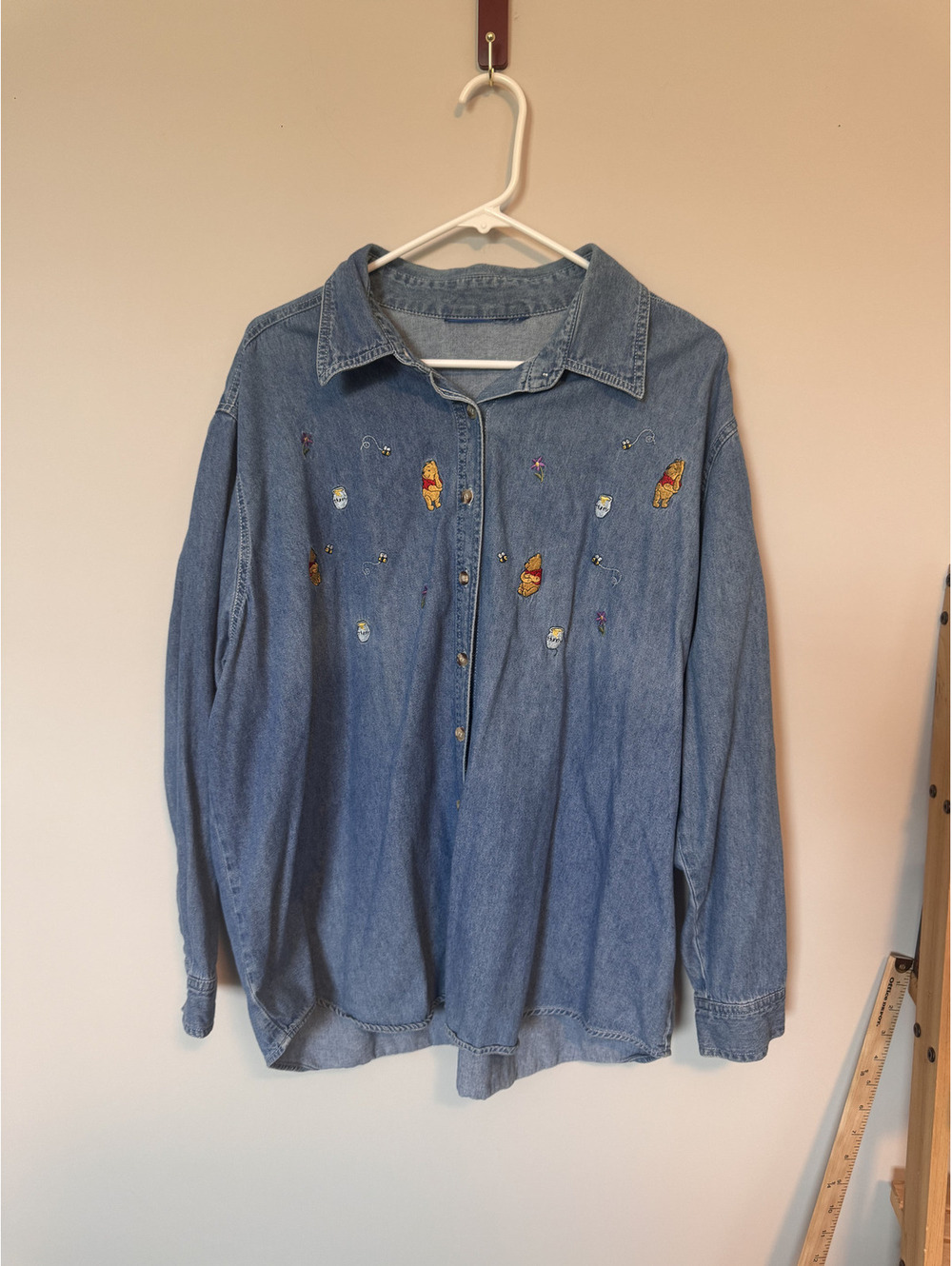 Disney Winnie The Pooh Women's Denim Chambray Shirt Embroidered Long Sleeve Y2K